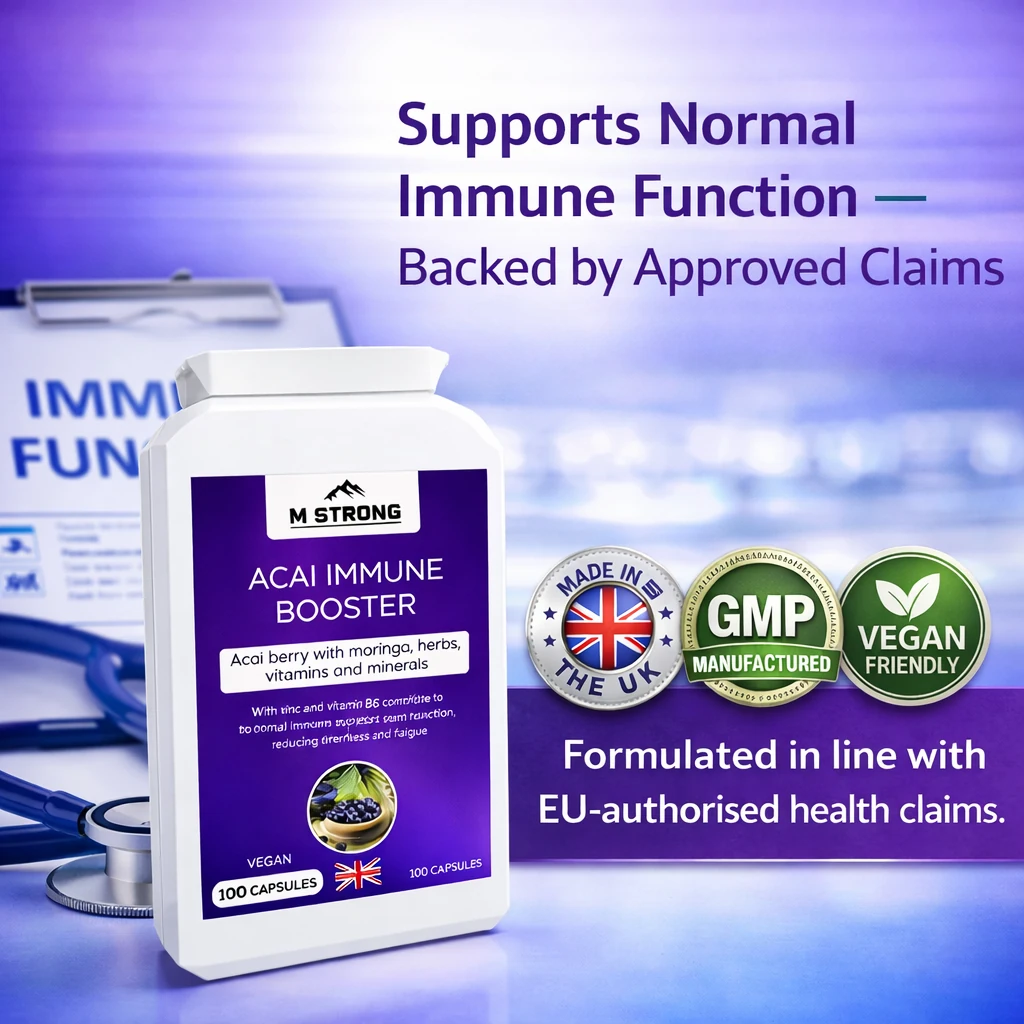 M STRONG Acai Immune Booster supporting normal immune function, made in the UK, GMP manufactured and vegan friendly