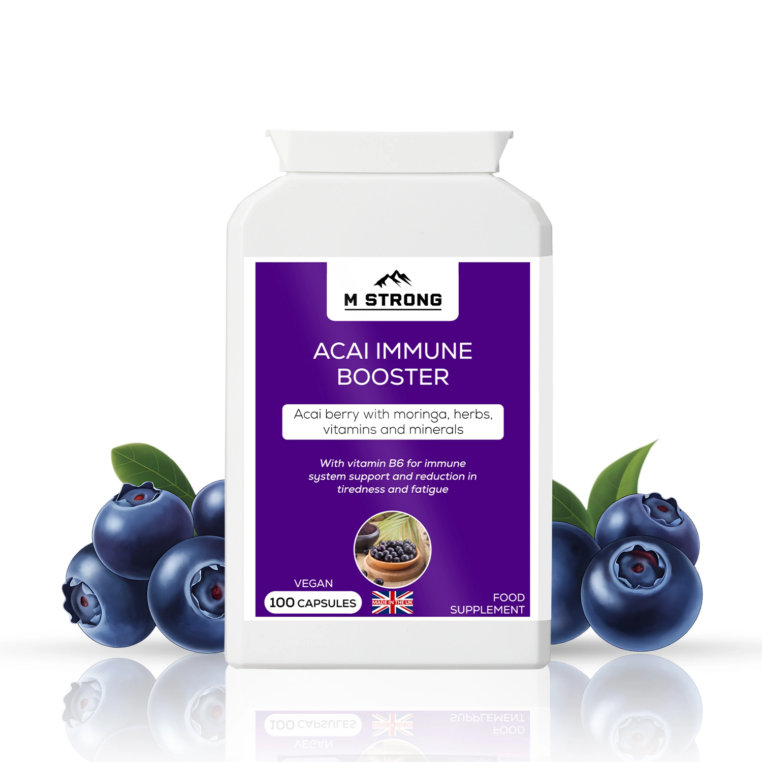 M STRONG Acai Immune Booster with acai berries, vitamins and minerals supporting normal immune function