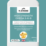 Omega 3-6-9 supplement bottle with 60 capsules, featuring organic flaxseed oil and antioxidant-rich formula.