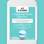 HYdro&Hormo Control supplement bottle showing ingredients like dandelion root, magnesium, and vitamin B6 for fluid balance and reducing bloating. Suitable for vegans, kosher approvedmade in the UK, 90 capsules.