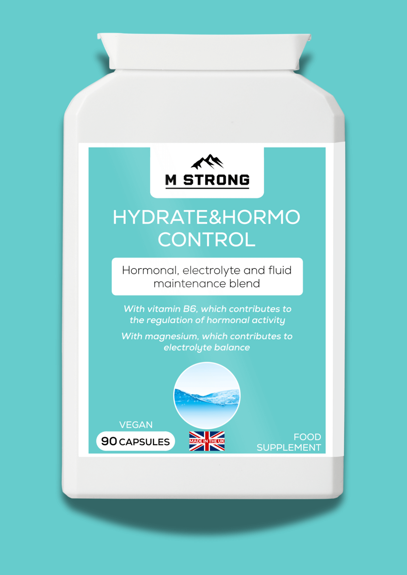 HYdro&Hormo Control supplement bottle showing ingredients like dandelion root, magnesium, and vitamin B6 for fluid balance and reducing bloating. Suitable for vegans, kosher approvedmade in the UK, 90 capsules.