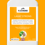 LAXAT STRONG supplement bottle, displaying product name, 90 capsules count, and key benefits such as herbal colon blend for bowel health support, cleanse, and detox.