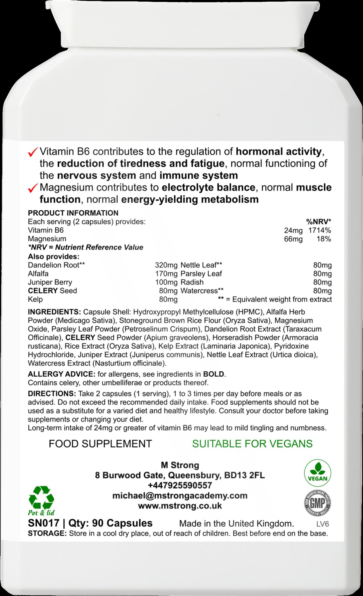 WATERgo supplement bottle label featuring herbal ingredients, vitamins, and minerals. Supports fluid balance and is suitable for vegans. Made in the UK.