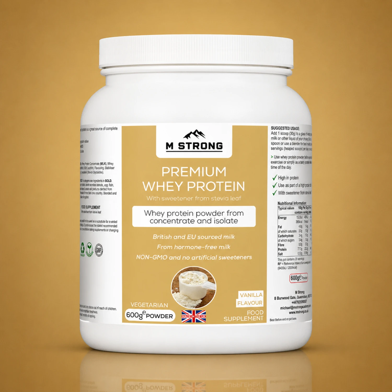 M Strong Premium Whey Protein Vanilla 600g Protein Powder UK Made M Strong Premium Whey Protein vanilla 600g, isolate and concentrate with stevia sweetener, UK made