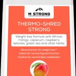 THERMO SHRED STRONG Fat Burner supplement pot, featuring the front label with ingredients, kosher approval, and a bold design for effective weight loss