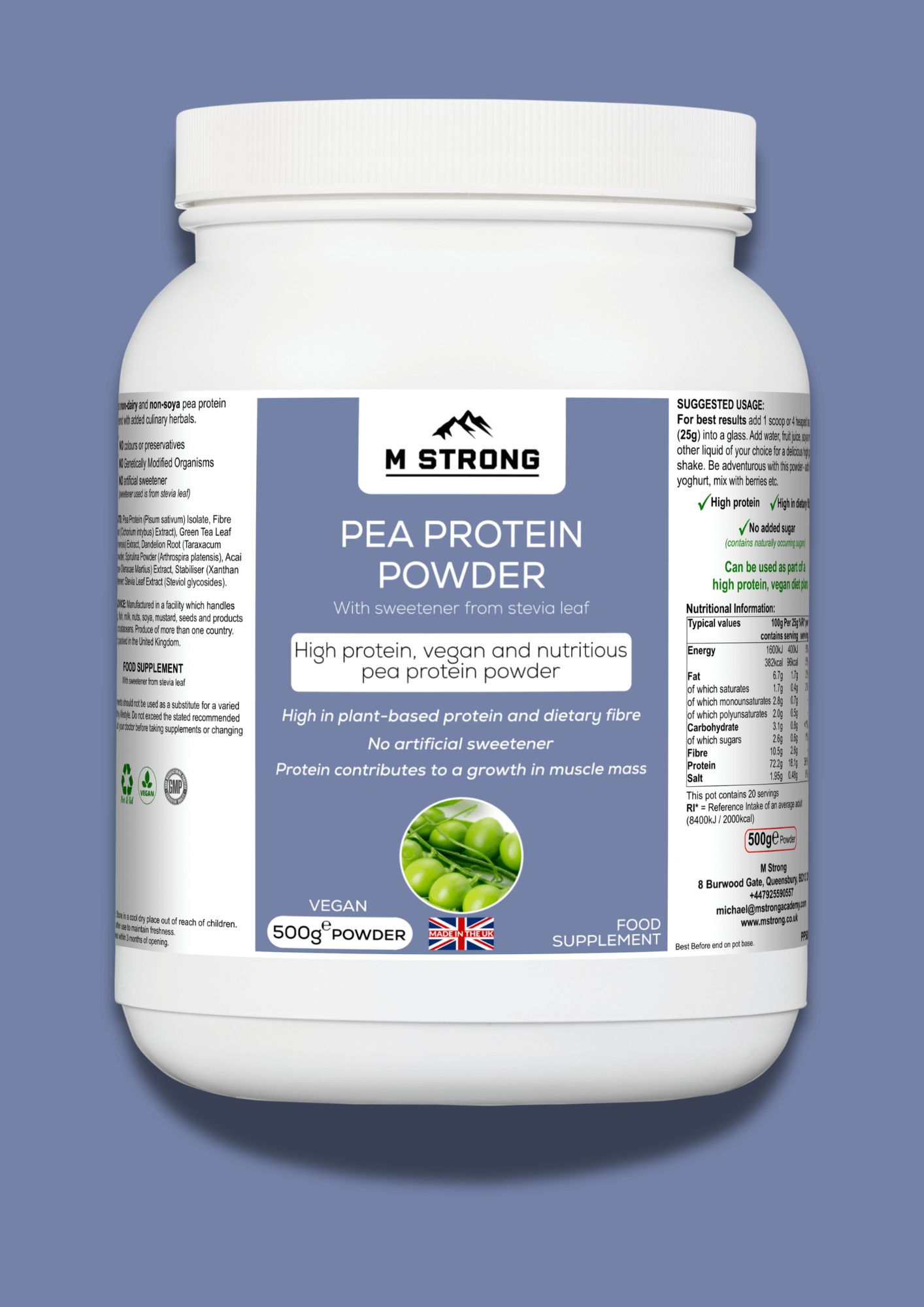 Pea protein powder in a scoop surrounded by natural ingredients: green tea leaves, acai berries, and spirulina powder