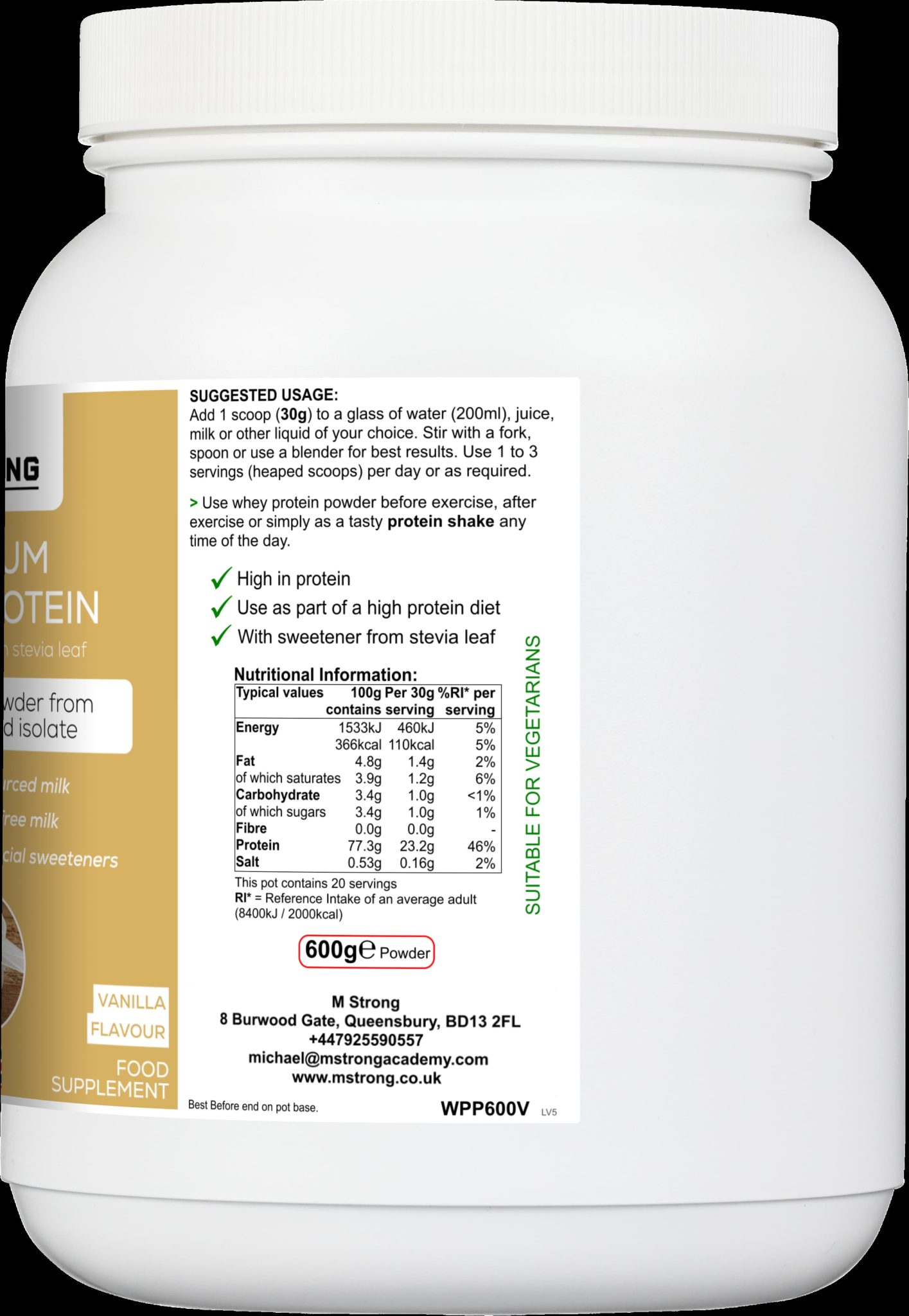 Premium Whey protein powder with isolate and concentrate high quality proteins made of british milk, non gmo, no additives