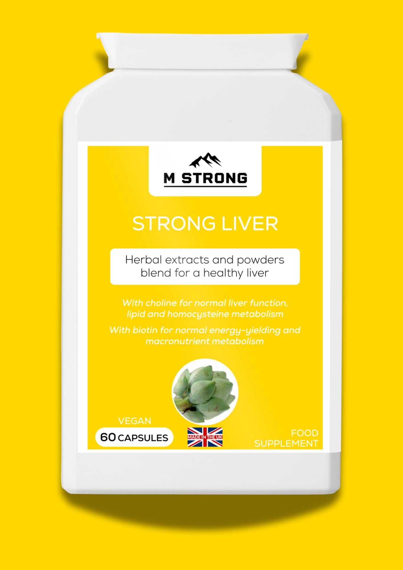 "Premium liver support supplement, Liver Strong, featuring a vibrant capsule bottle with key benefits highlighted: detoxification, antioxidant protection, energy boost, and digestive health.