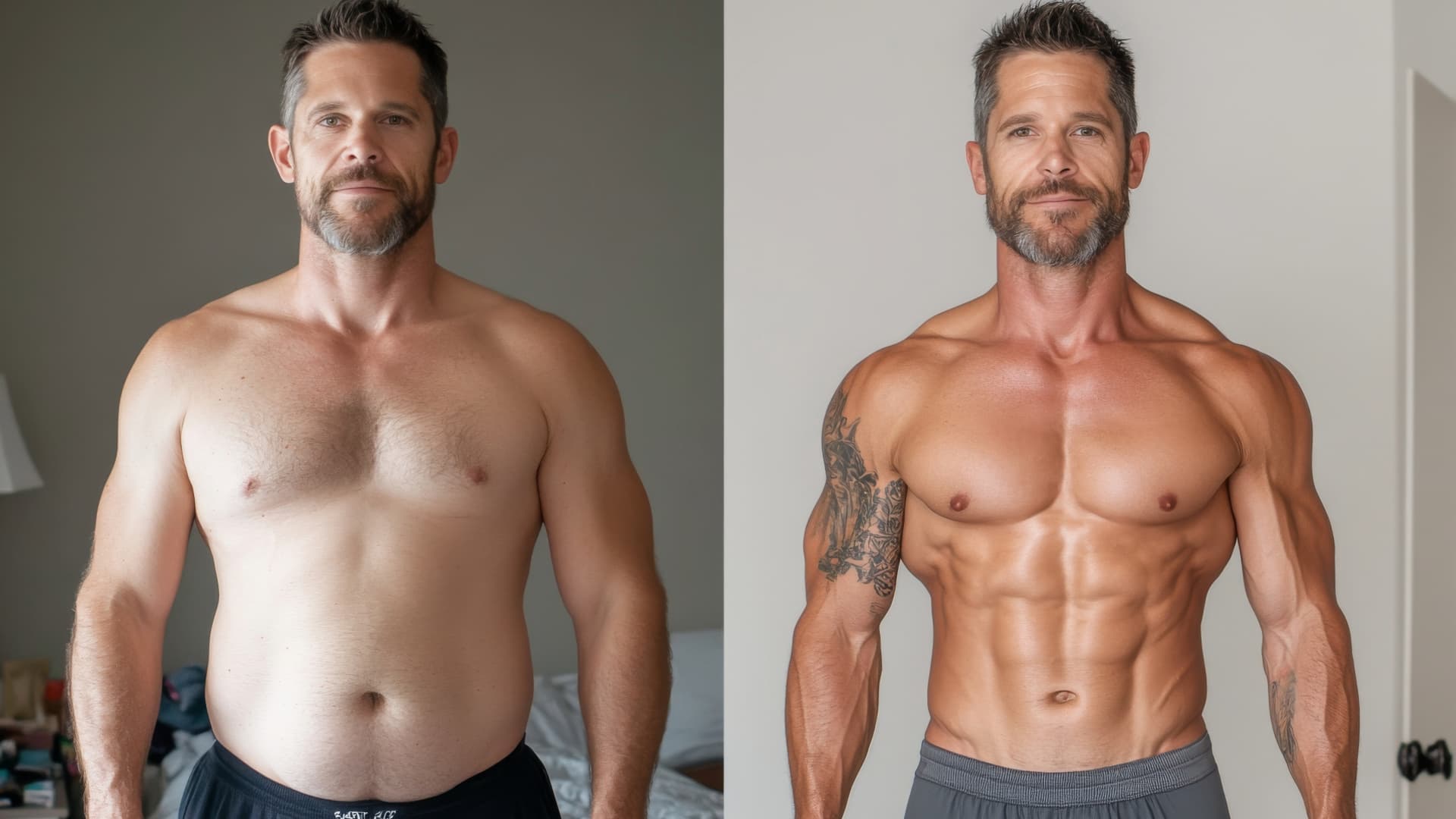 picture of the man before taking protein and after taken protein from fat to fit