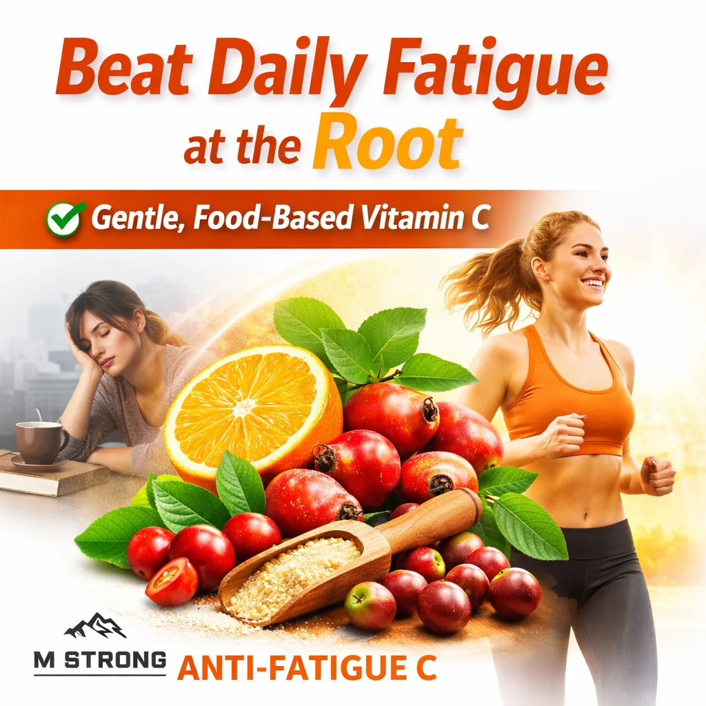 M STRONG Anti-Fatigue C graphic showing food-based vitamin C helping beat daily fatigue naturally