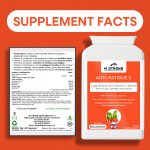 M STRONG Anti-Fatigue C supplement facts showing vitamin C content, food-based ingredients and vegan capsules