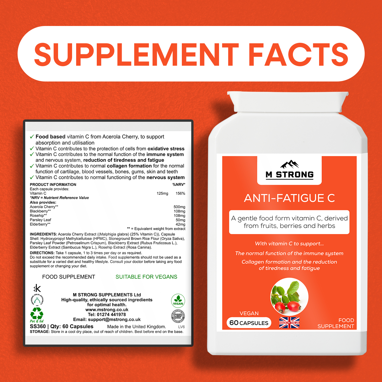 M STRONG Anti-Fatigue C supplement facts showing vitamin C content, food-based ingredients and vegan capsules