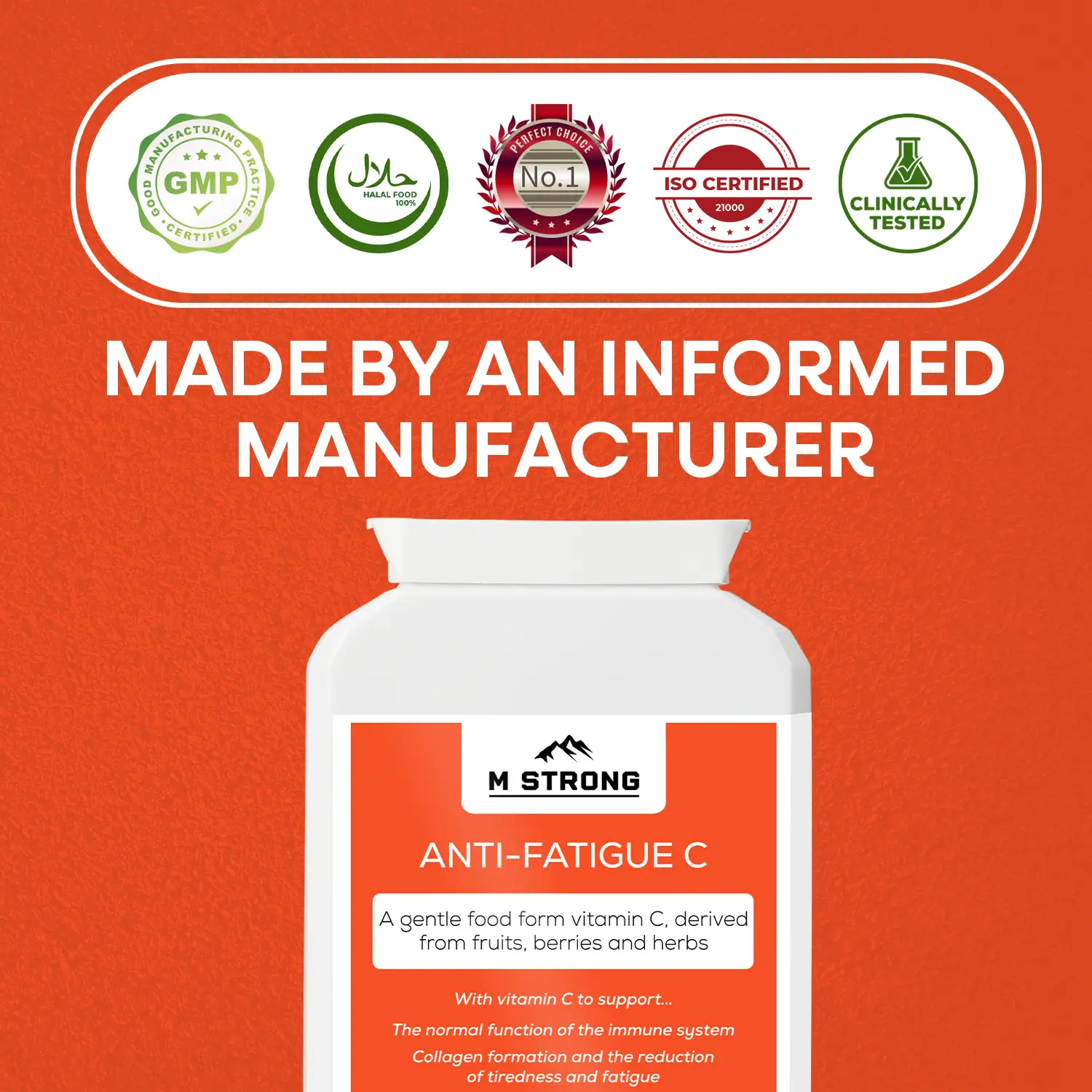 M STRONG Anti-Fatigue C vitamin C supplement made by a GMP and ISO certified UK manufacturer