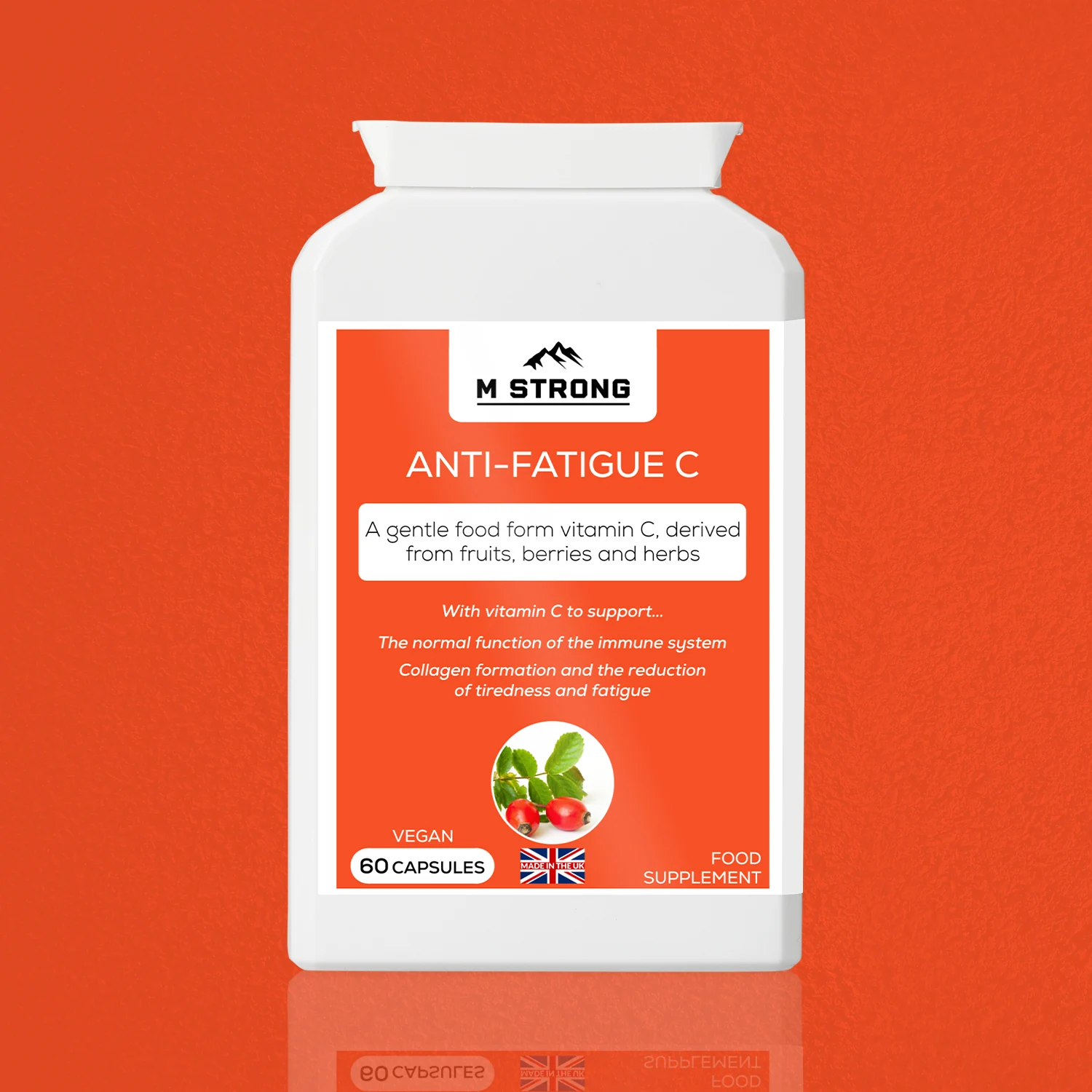 M STRONG Anti-Fatigue C vitamin C supplement, gentle food-form capsules to support immunity and reduce tiredness