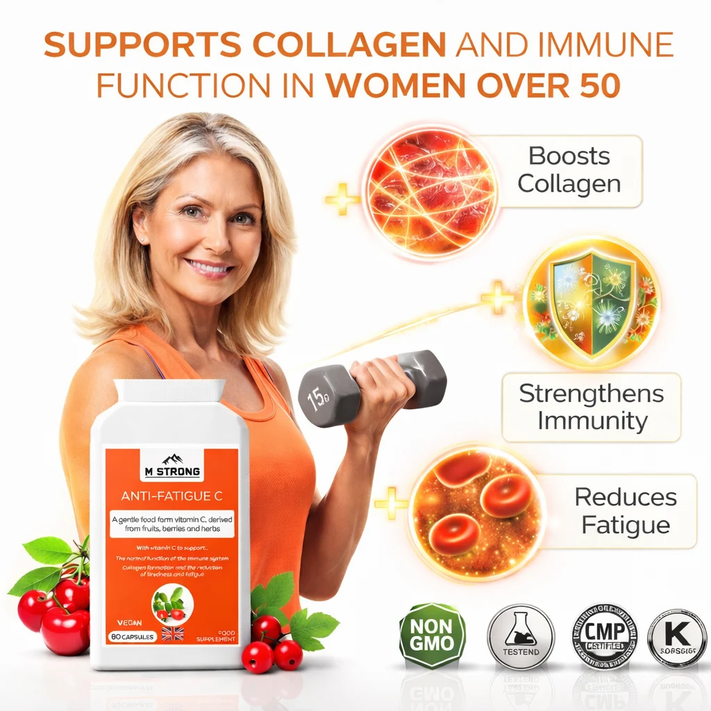 Woman in her 50s holding M STRONG Anti-Fatigue C supplement supporting collagen, immunity and reduced fatigue