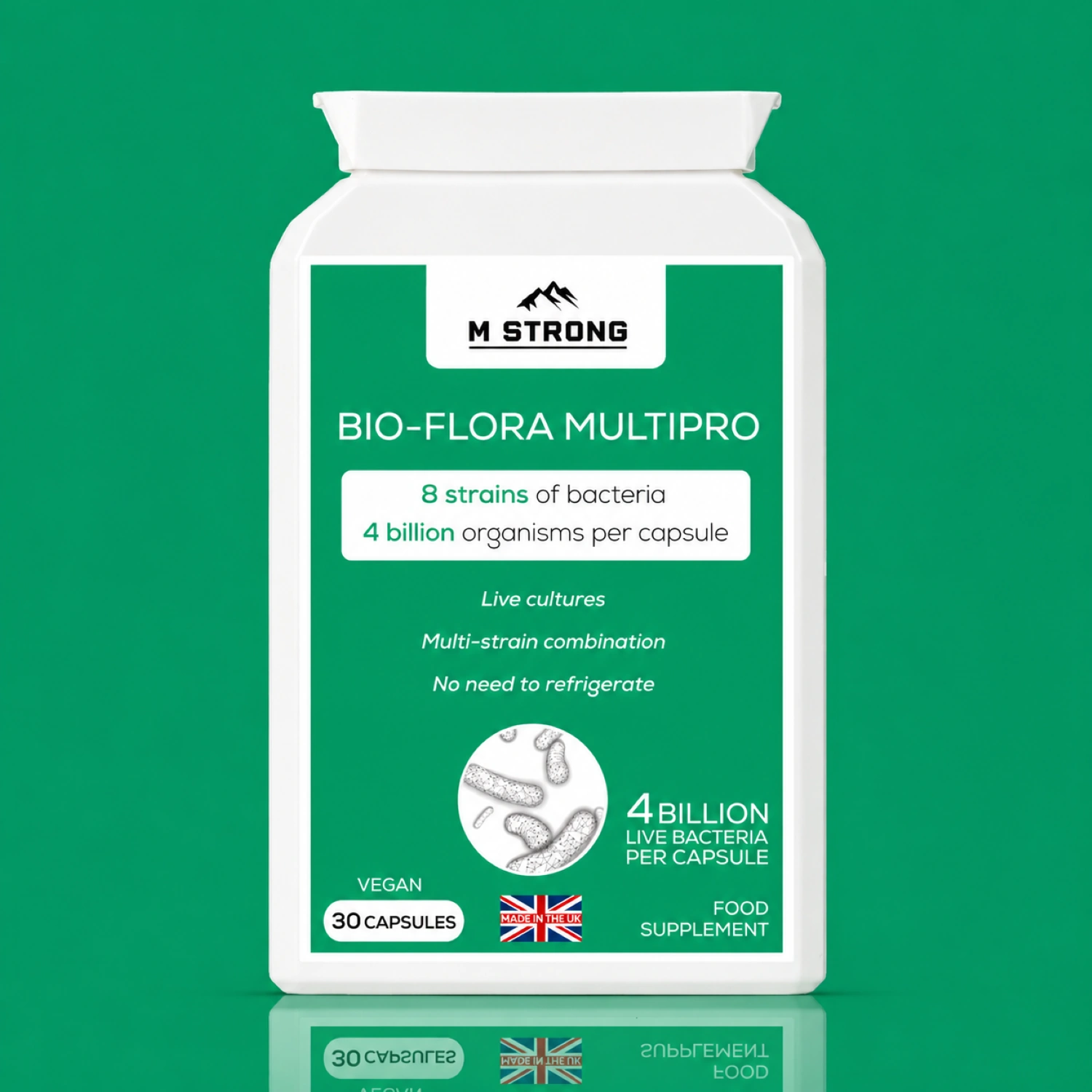 M Strong Bio-Flora Multipro probiotic 30 capsules with 4 billion live bacteria for gut and digestive balance UK