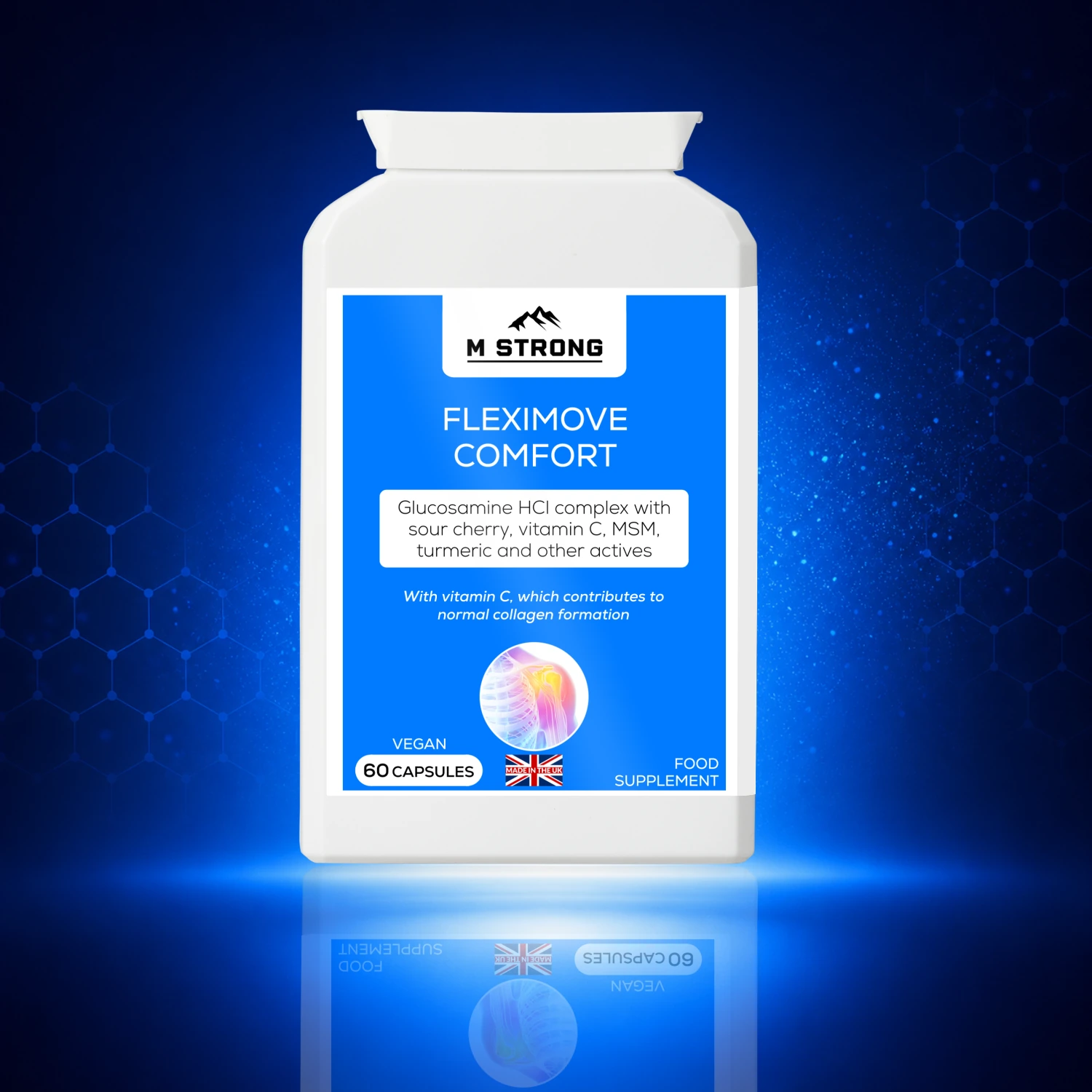 m-strong-fleximove-joint-support-glucosamine-msm-60-capsules (2) M Strong Fleximove Comfort joint support capsules with glucosamine MSM turmeric for mobility and flexibility UK