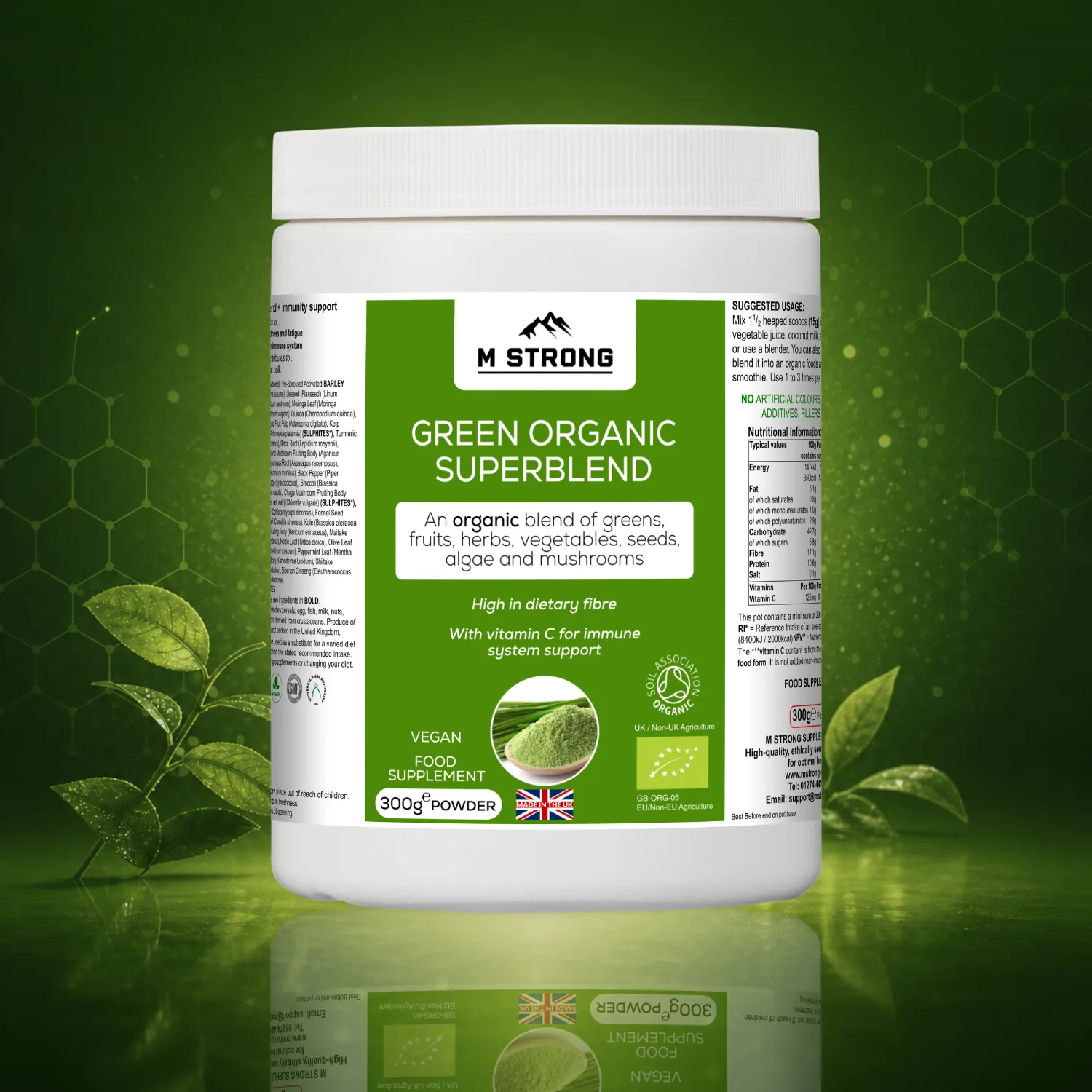 M Strong Green Organic Superblend 300g vegan superfood powder with greens, fruits and herbs UK made