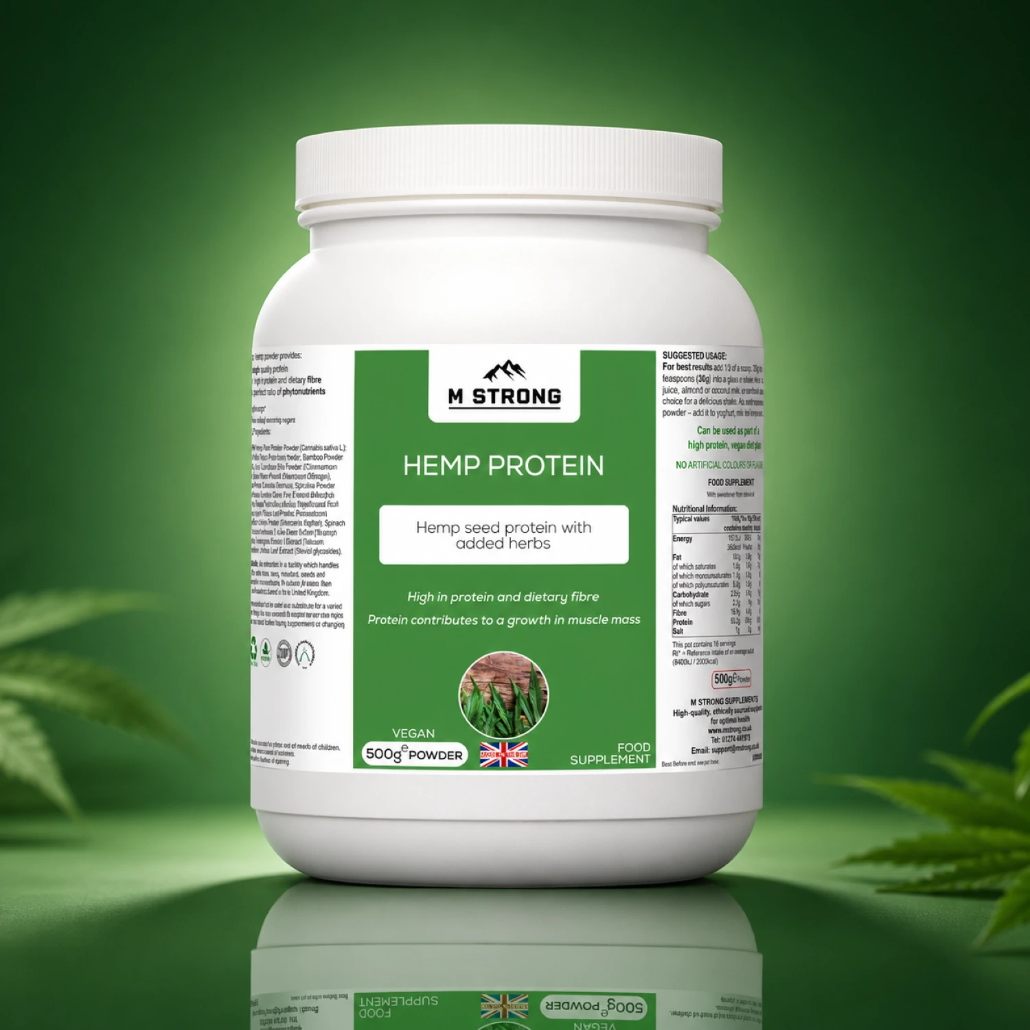 m-strong-hemp-protein-powder-500g-vegan-uk-premium M Strong Hemp Protein Powder 500g vegan UK supplement jar on premium green background with soft reflection