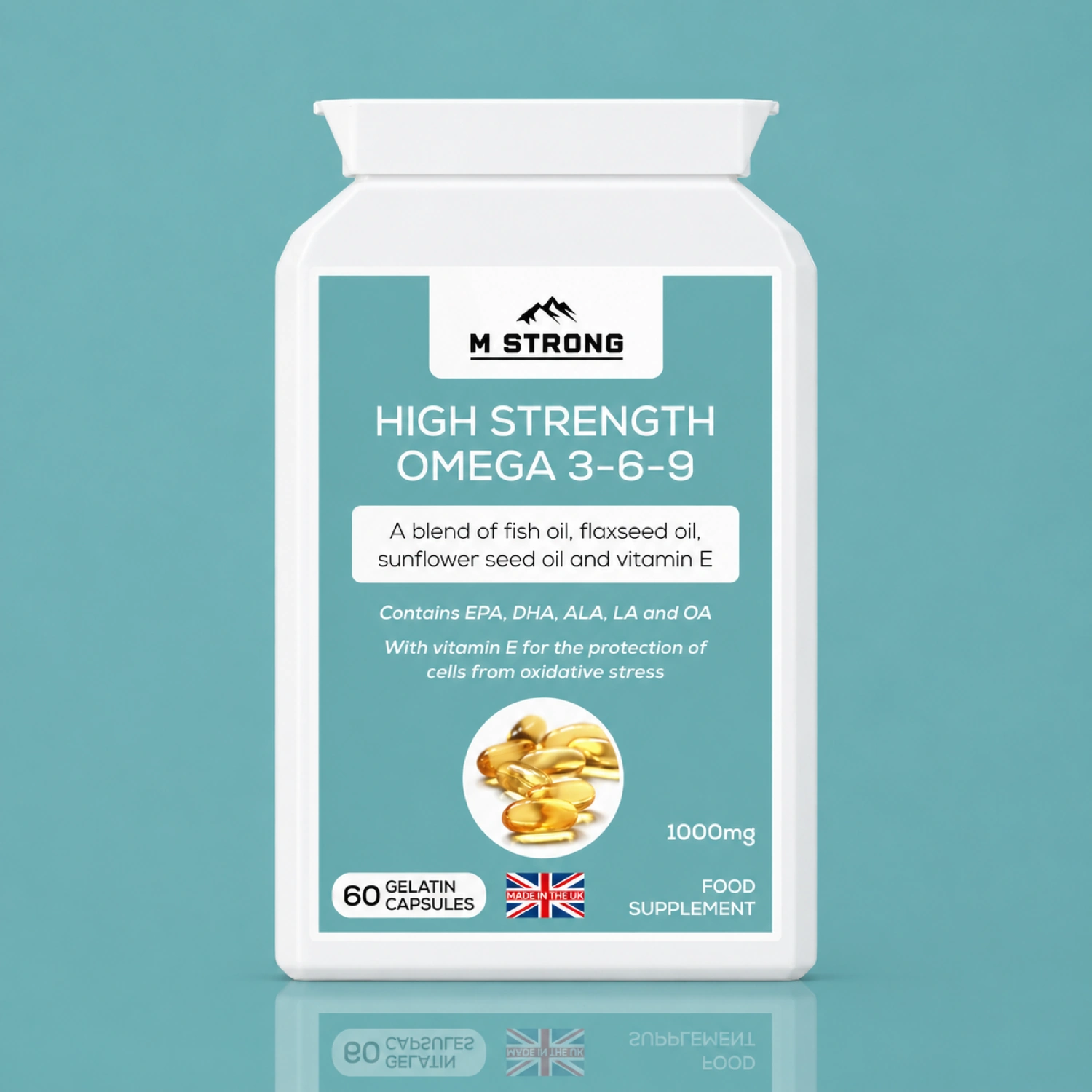 M Strong High Strength Omega 3 6 9 1000mg 60 capsules fish oil blend with vitamin E UK made