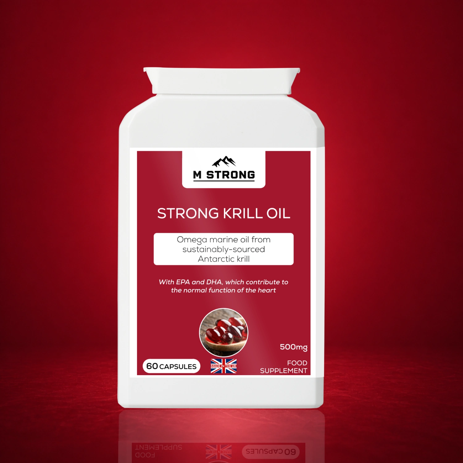 M Strong Krill Oil 500mg omega 3 supplement with EPA and DHA from Antarctic krill to support heart health