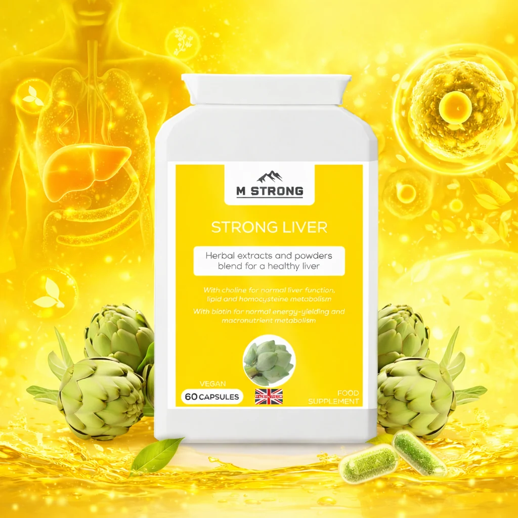 M STRONG Strong Liver supplement with herbal extracts, artichoke and cellular detox visuals supporting liver health.
