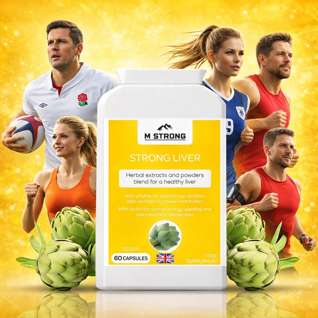 M STRONG Strong Liver capsules with sports people, designed for active daily liver support