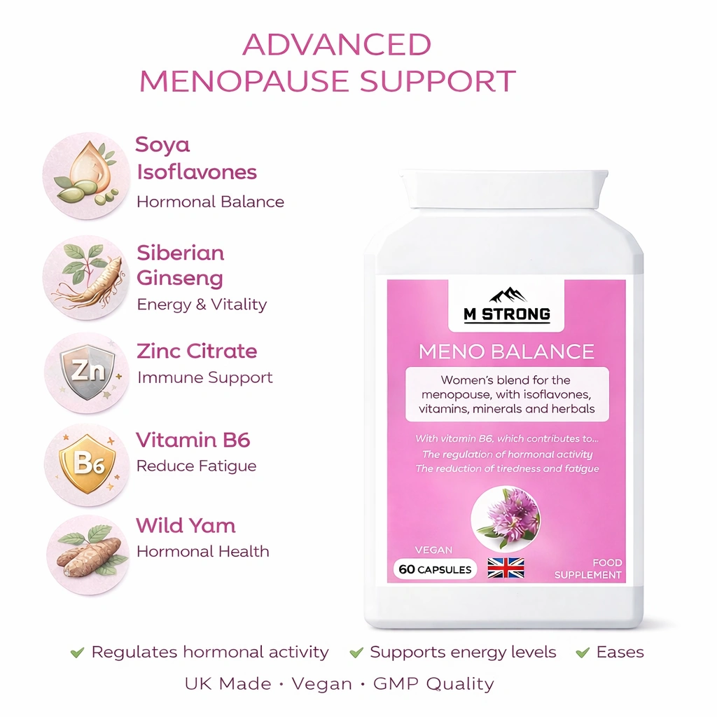 M STRONG Meno Balance menopause support supplement with isoflavones, vitamin B6, zinc and wild yam