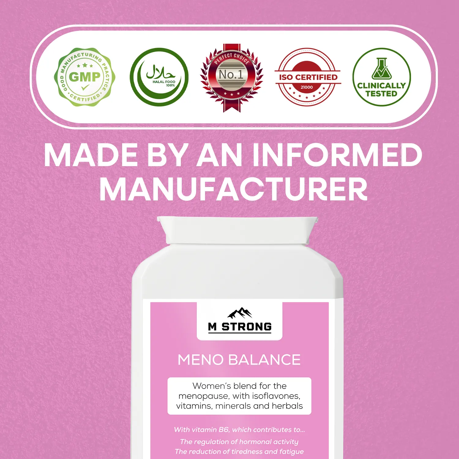 M STRONG Meno Balance supplement made by a certified UK manufacturer with GMP, ISO and quality assurance standards