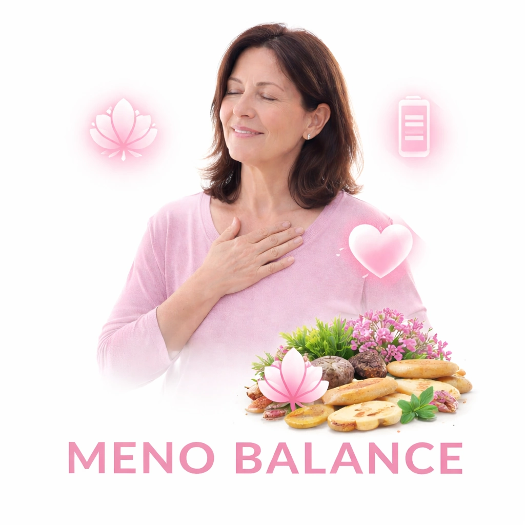 Menopause wellbeing lifestyle image with M STRONG Meno Balance name, supporting comfort, balance and daily wellbeing