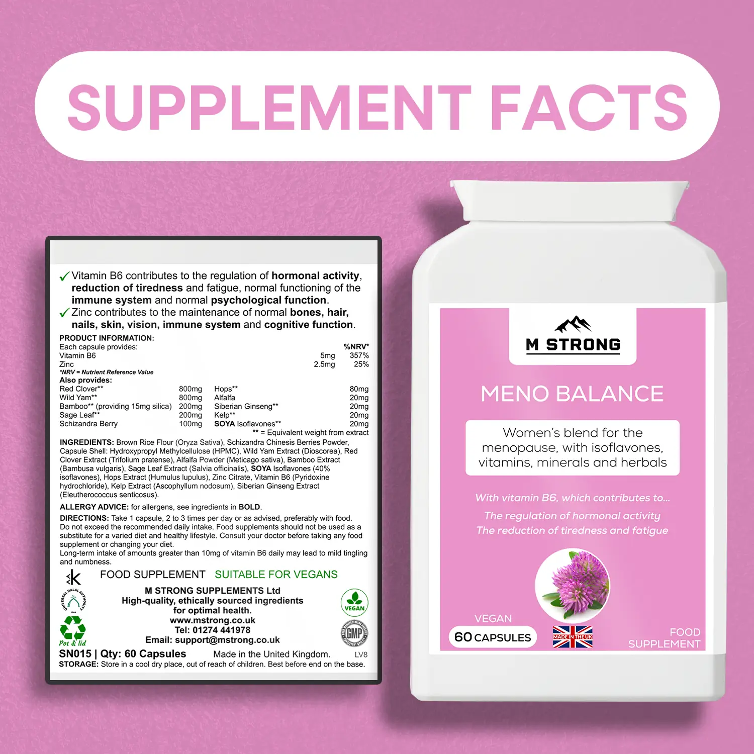 M STRONG Meno Balance supplement facts showing ingredients, vitamin B6, zinc, herbal blend and nutrition information