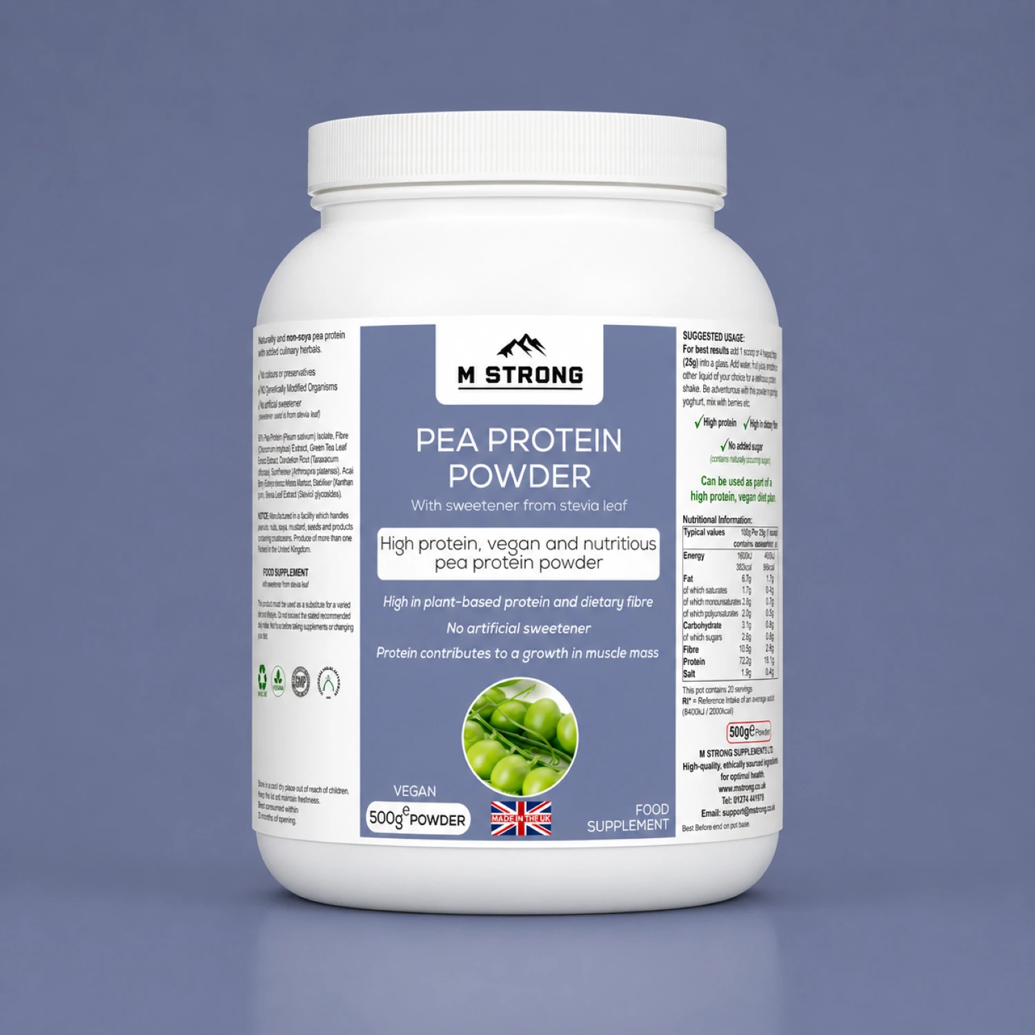 M Strong Pea Protein Powder 500g, vegan plant-based protein with stevia, UK made supplement