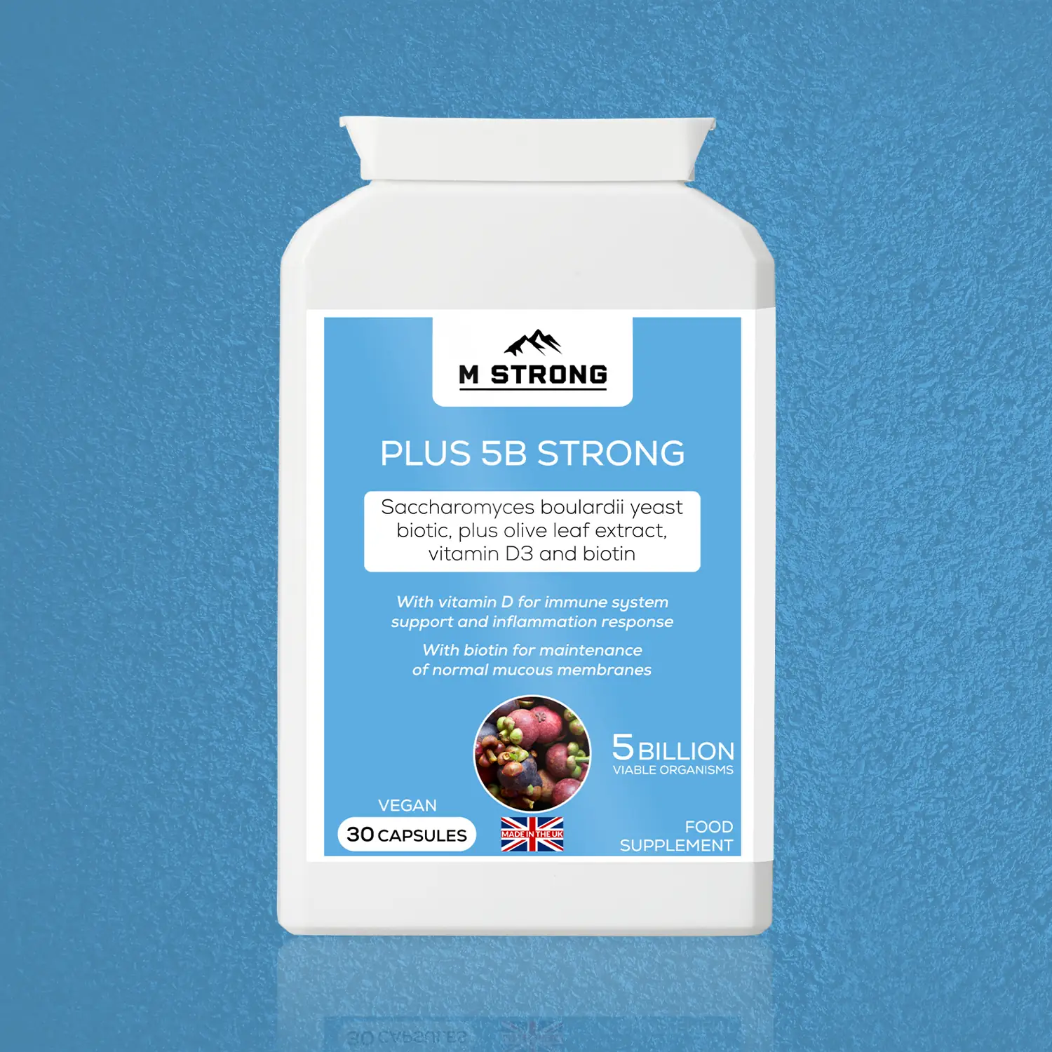 M Strong PLUS 5B STRONG probiotic supplement hero image, vegan capsules with 5 billion viable organisms, Saccharomyces boulardii, olive leaf extract, vitamin D3 and biotin, made in the UK