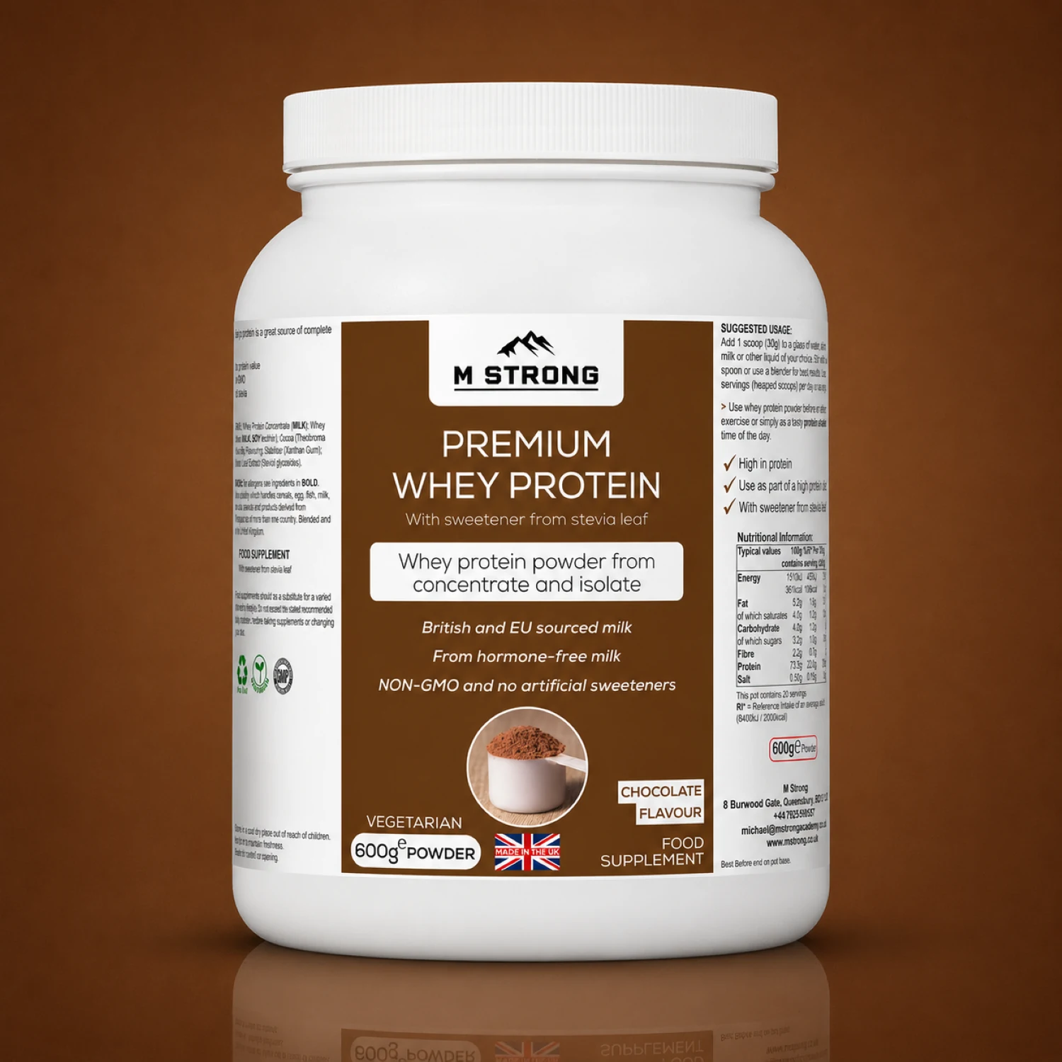 M Strong Premium Whey Protein chocolate 600g powder, concentrate and isolate, UK made