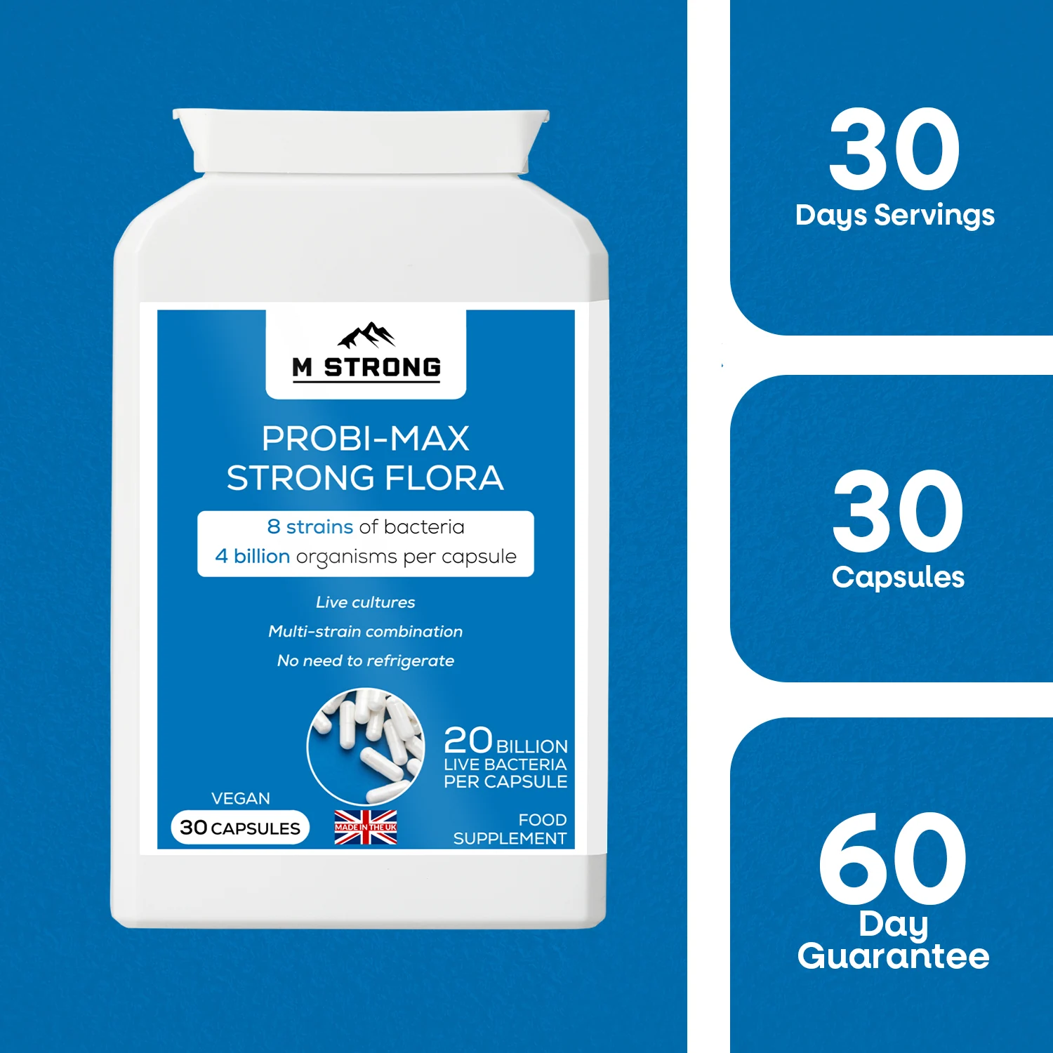 M STRONG Probi-Max Strong Flora probiotic capsules with 30-day supply and 60-day money-back guarantee