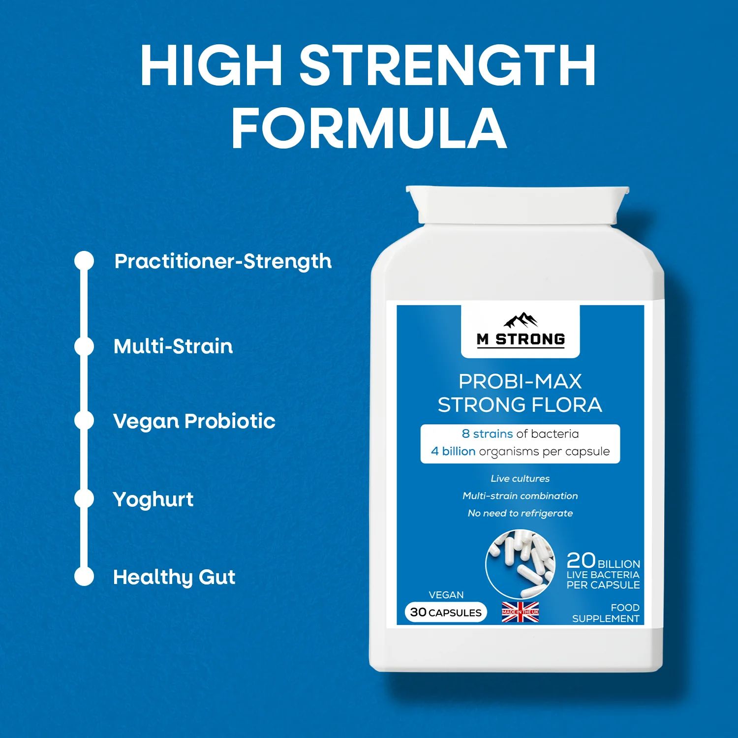 M STRONG Probi-Max Strong Flora probiotic showing high strength formula, multi-strain vegan capsules and gut support