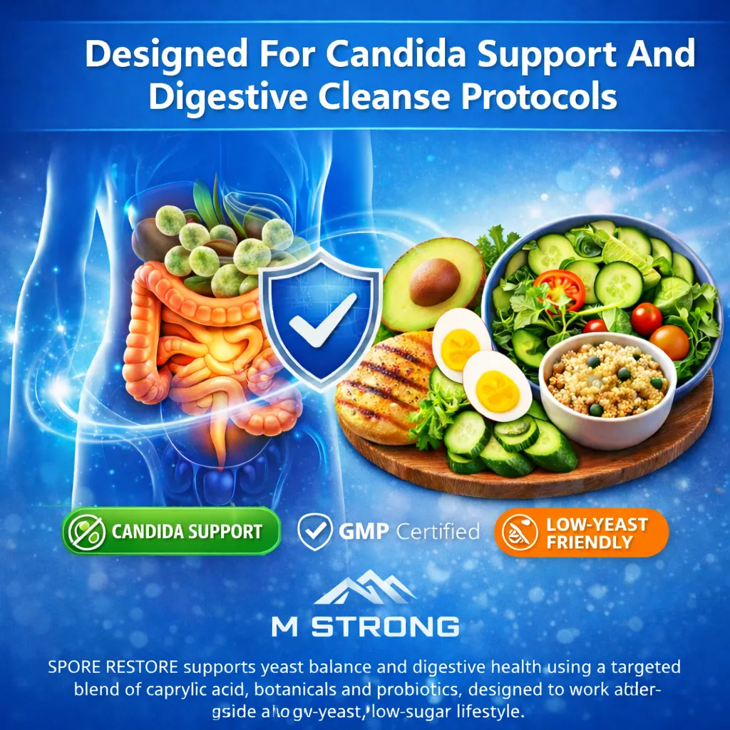 Spore Restore supplement graphic showing candida support, low-yeast friendly badges and digestive health visuals.