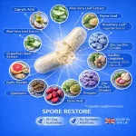 m-strong-spore-restore-complete-ingredients-capsule-infographic.webp Spore Restore ingredient infographic showing broken capsule with herbs, probiotics, zinc and plant extracts