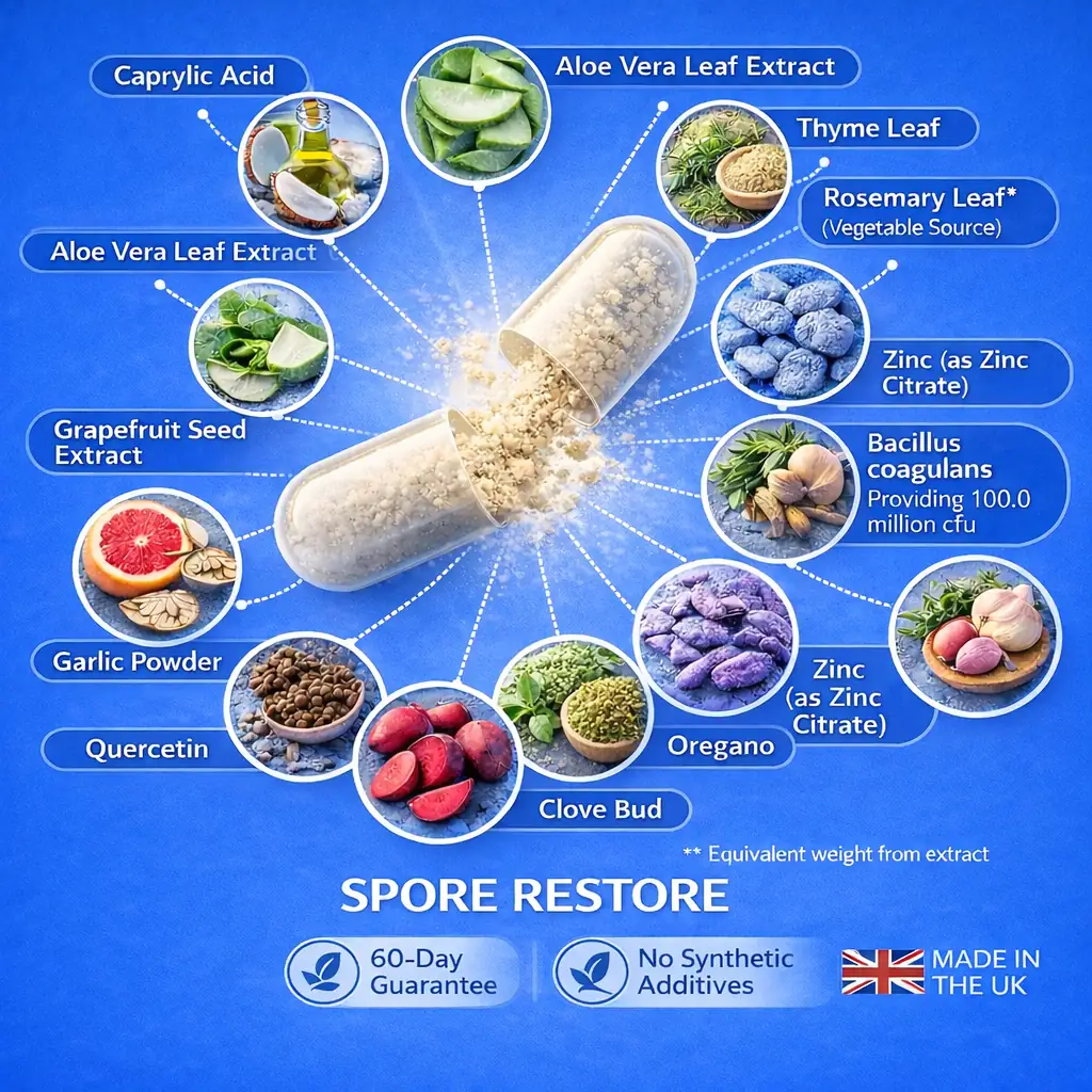Spore Restore ingredient infographic showing broken capsule with herbs, probiotics, zinc and plant extracts