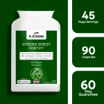 STRONG DIGEST FORTIFY digestive enzyme supplement showing 90 capsules, 45 day supply and 60 day money back guarantee