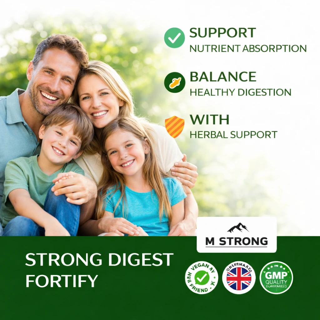 Family-focused digestive support graphic highlighting nutrient absorption, balanced digestion and herbal support