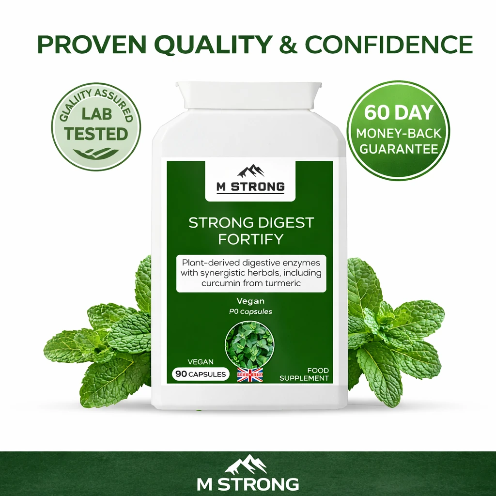 Digestive enzyme supplement graphic highlighting lab tested quality and a 60 day money back guarantee