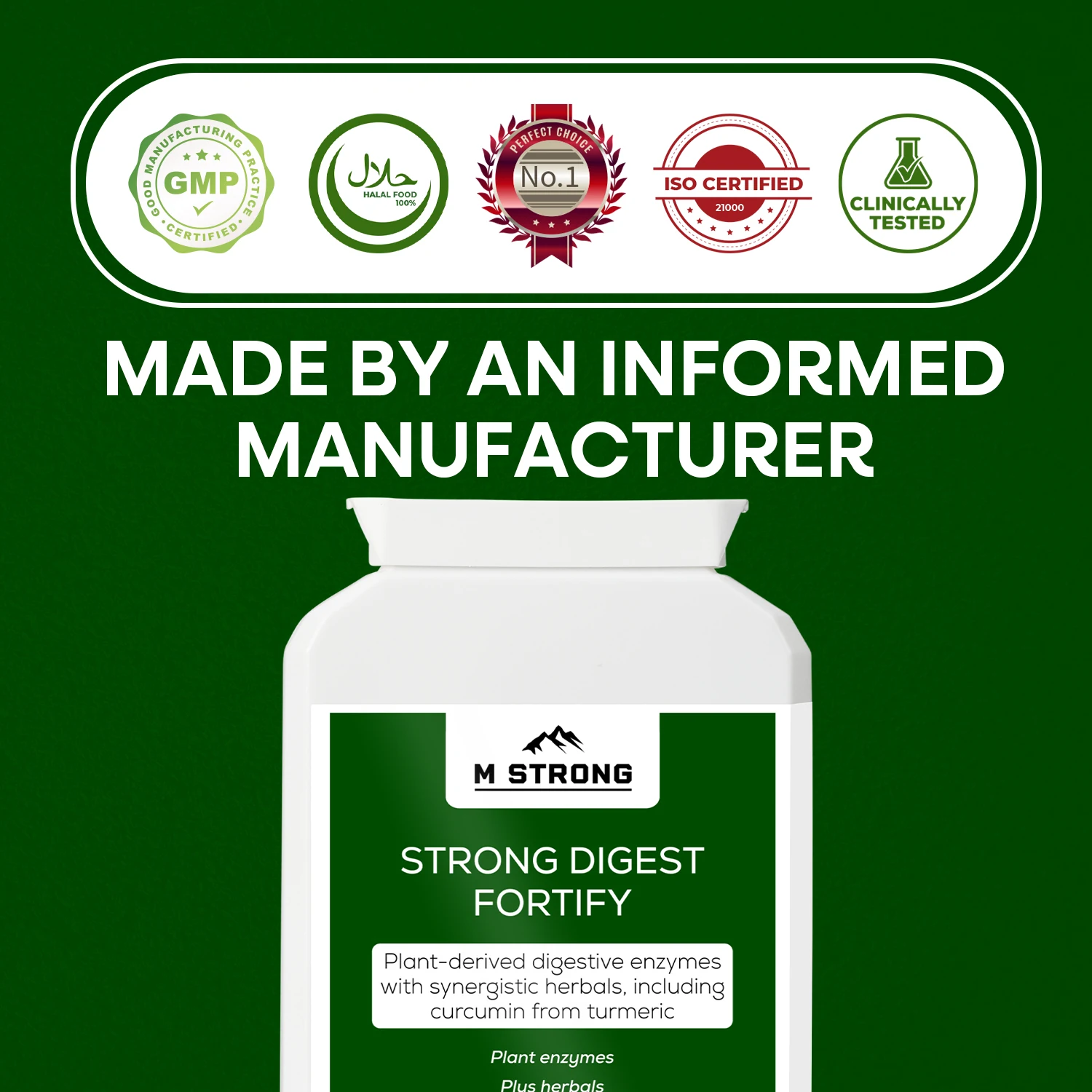 STRONG DIGEST FORTIFY quality certifications showing GMP, ISO, Halal and clinically tested manufacturing standards