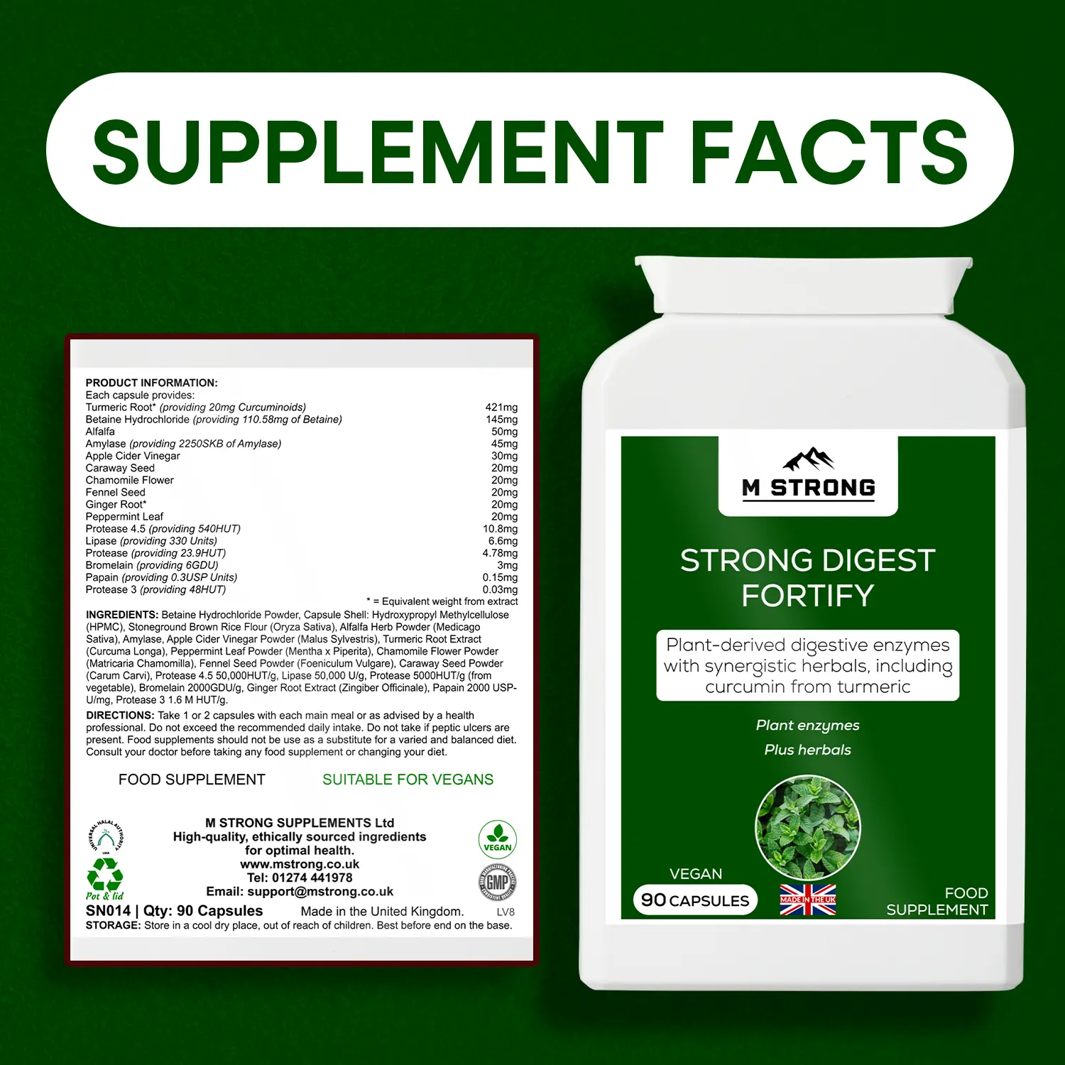 STRONG DIGEST FORTIFY supplement facts label showing ingredients, digestive enzymes and herbal formula, made in the UK