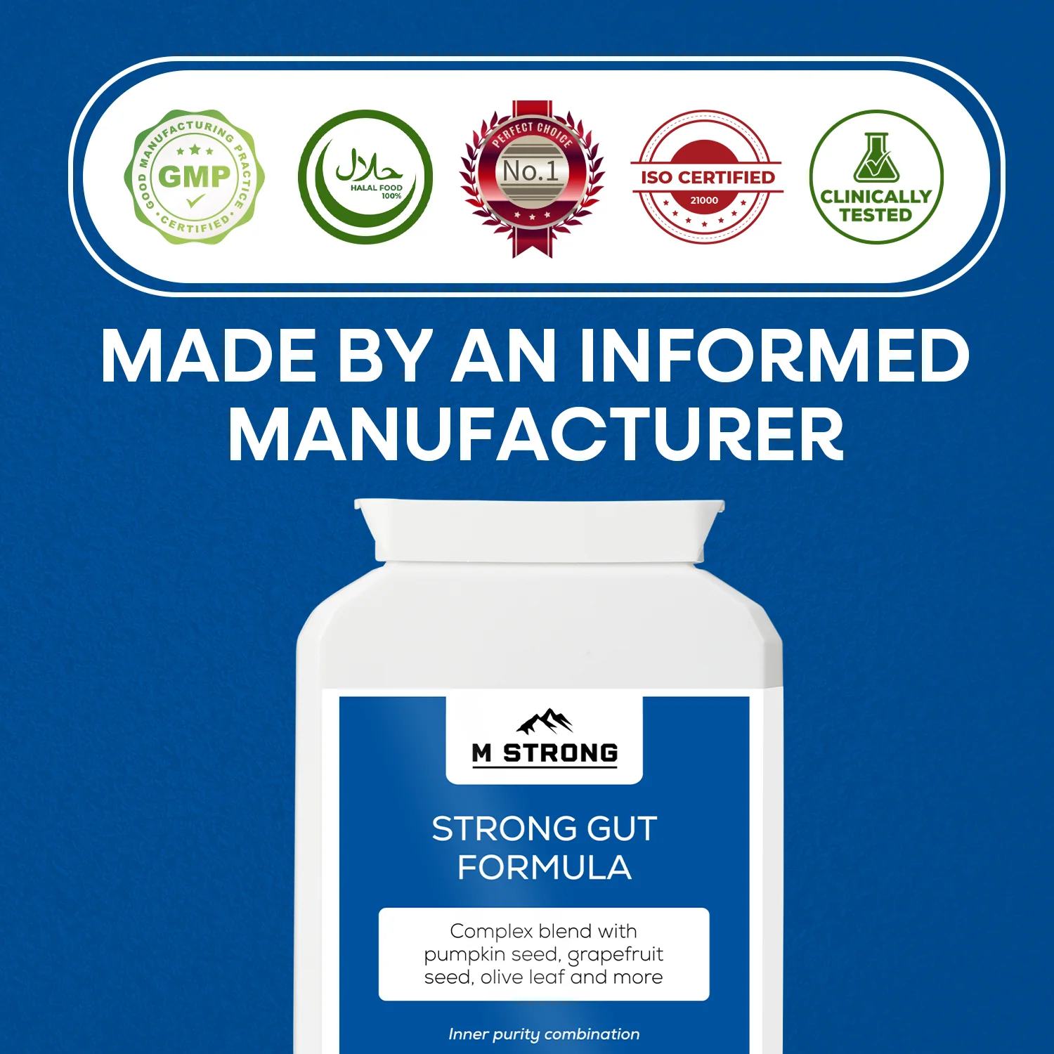 M STRONG Strong Gut Formula made by a GMP and ISO certified manufacturer, Halal suitable and clinically tested