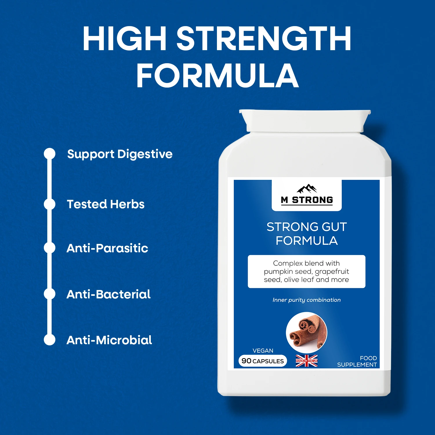 High strength M STRONG Strong Gut Formula with herbal blend supporting digestive balance and gut health