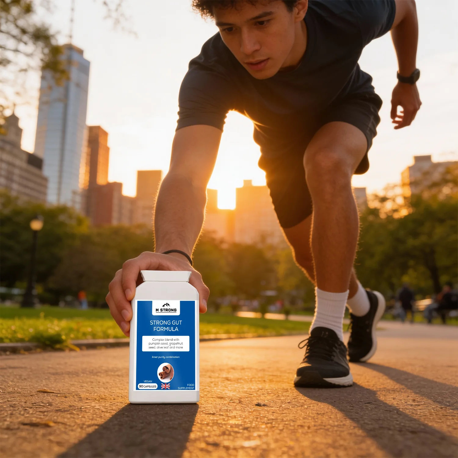 Active person outdoors with M STRONG Strong Gut Formula, supporting daily digestive health as part of a healthy lifestyle