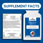 M STRONG Strong Gut Formula supplement facts showing ingredients, dosage and nutrition information, 90 capsules