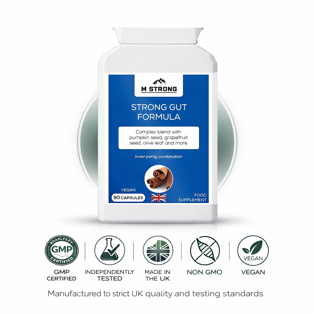 M STRONG Strong Gut Formula with GMP, UK-made, independently tested, non-GMO and vegan quality badges