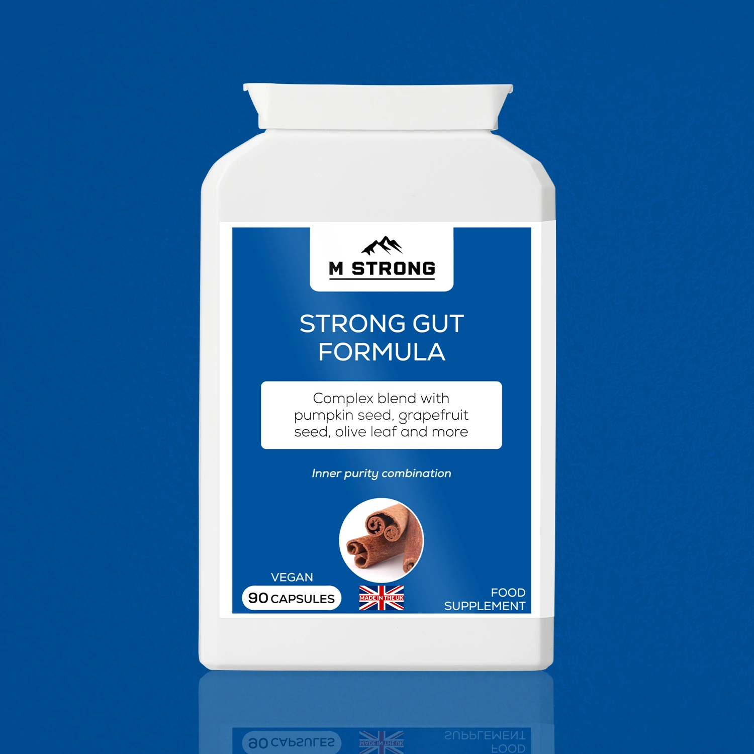 M STRONG Strong Gut Formula vegan gut health supplement with pumpkin seed, grapefruit seed and olive leaf, 90 capsules